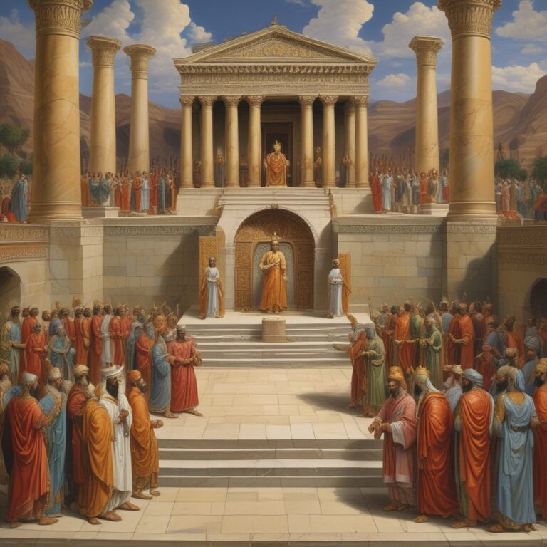 Illustration of Cyrus the Great standing on a stone platform in ancient Persia, wearing royal robes and a winged crown. He is surrounded by Persian nobles and guards, with a grand cityscape and fire altars in the background. Zoroastrian symbols like the Faravahar are subtly visible, symbolizing the fusion of religious ideology and imperial power.