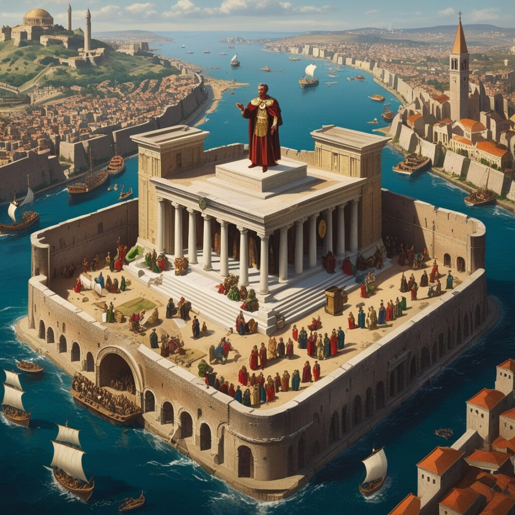 Aerial view of ancient Constantinople with Emperor Constantine overseeing Roman, Greek, and Christian elite figures in a fortified imperial city.