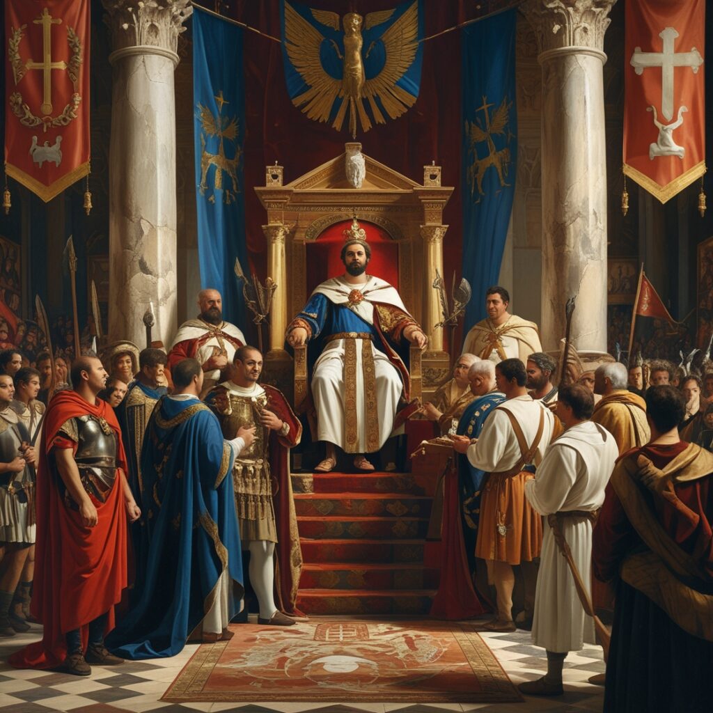 Emperor Justinian I rising from humble origins to imperial power through elite patronage in a Byzantine court.