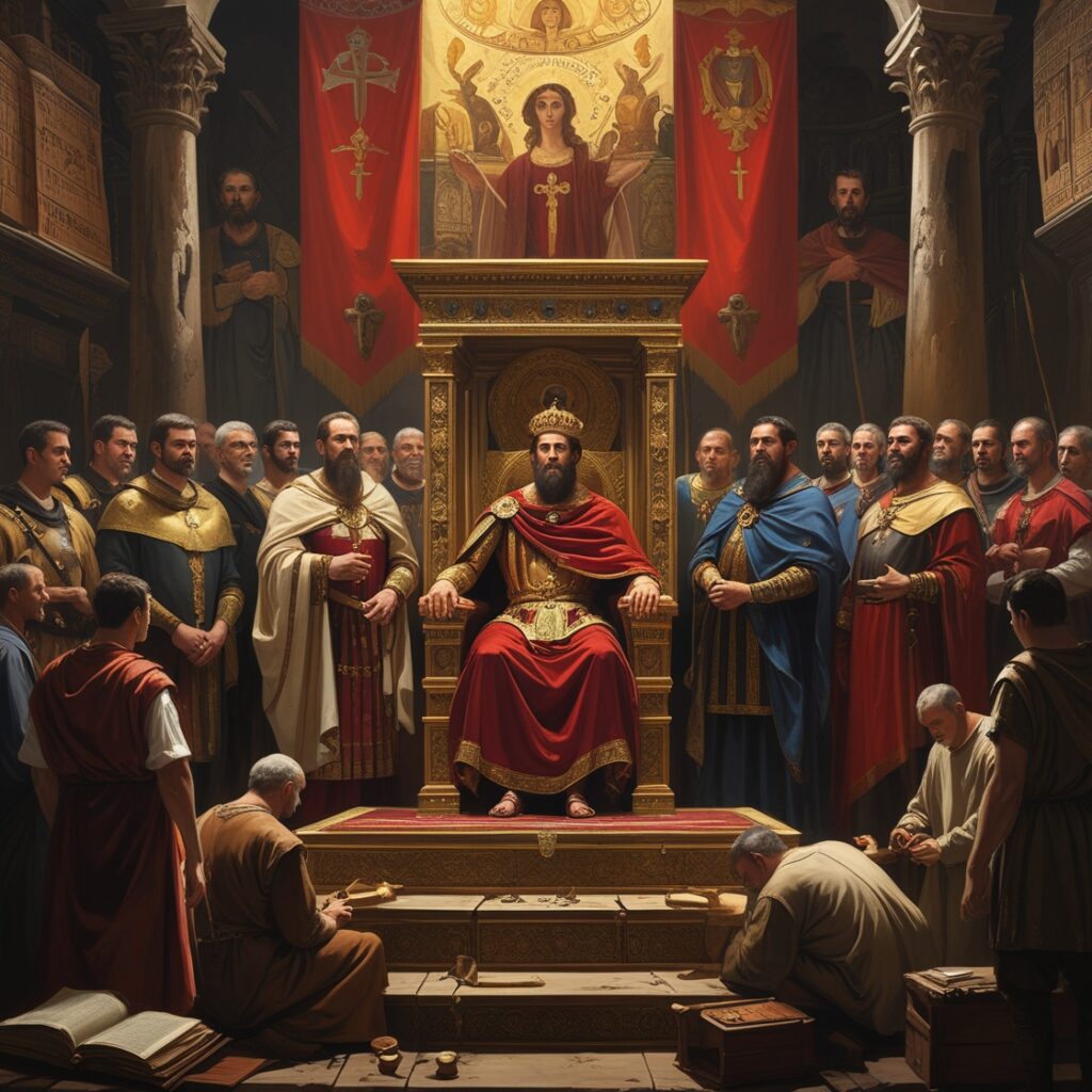 Emperor Justinian I seated on a golden throne surrounded by elite Byzantine officials.