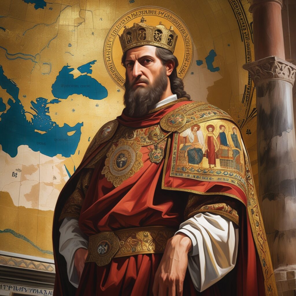 Emperor Justinian I in royal Byzantine robes, standing before a background of golden Byzantine mosaics.